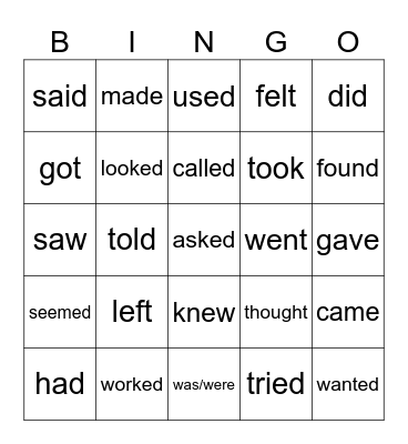 Simple Past 25 Most Common Verbs Bingo Card