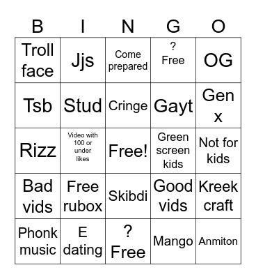 Roblox bingo Card