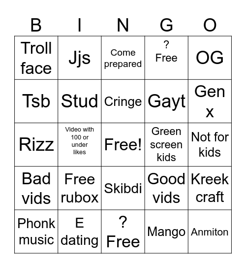 Roblox bingo Card