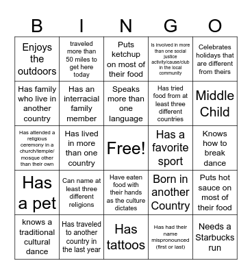 Cultural Diversity Bingo Card