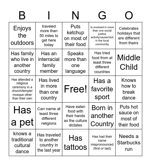 Cultural Diversity Bingo Card