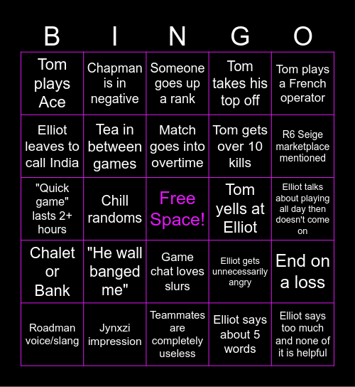 Negative KD Ops Bingo Card