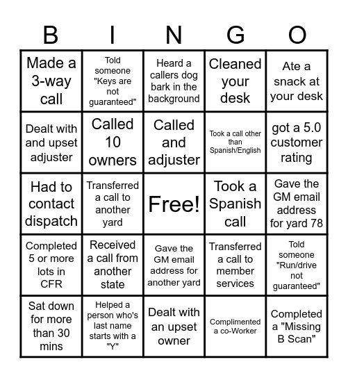 Spirit Week Bingo Card