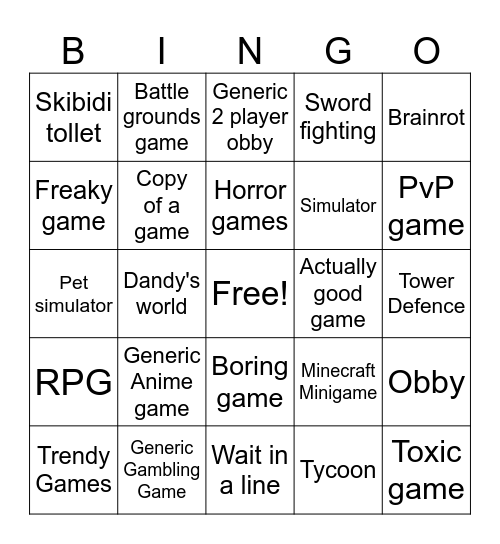 Roblox Discovery Tab Bingo Card