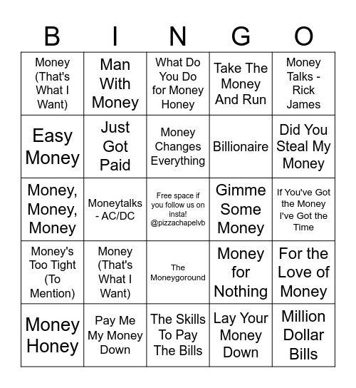 Bingo Songs With/About Money Bingo Card