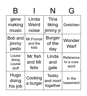 Bobs burgers Bingo Card