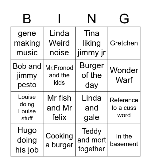 Bobs burgers Bingo Card