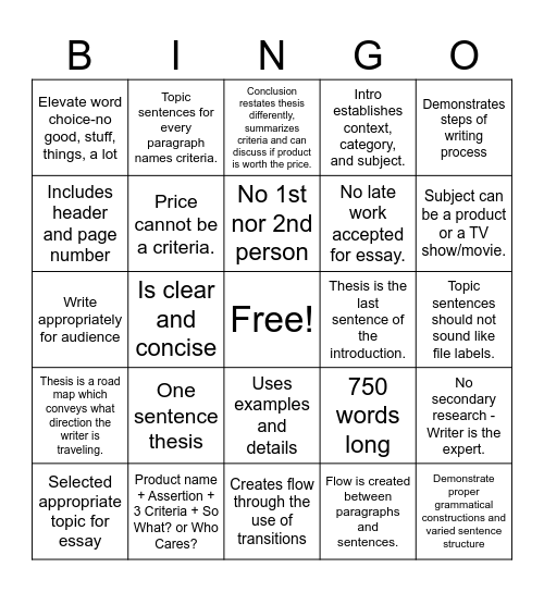 Evaluation Essay BINGO 1 Bingo Card