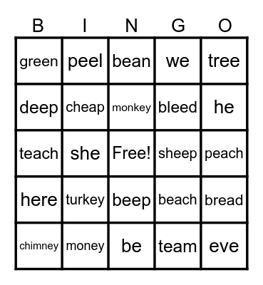 Long e Words Bingo Card