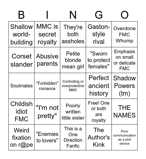 Bad Fantasy Romance Bingo Card