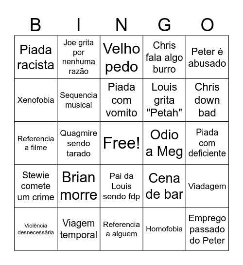 Family Guy Bingo Card