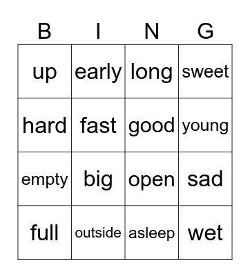 Antonyms/Opposites Bingo Card