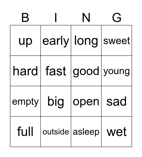 Antonyms/Opposites Bingo Card