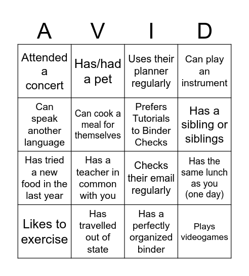 AVID Bingo Card