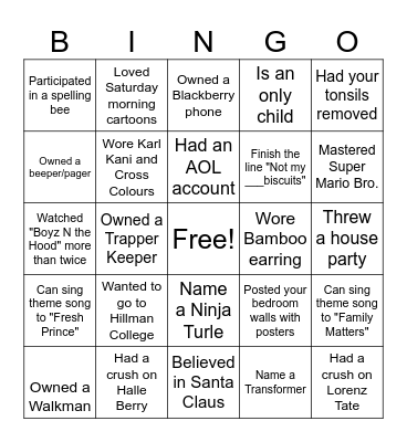 80/90's Bingo Card