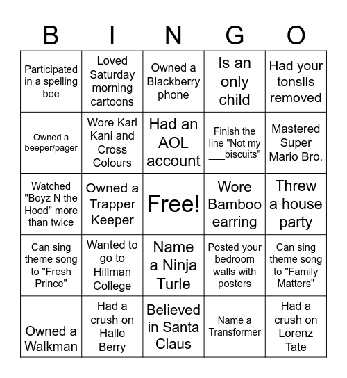 80/90's Bingo Card