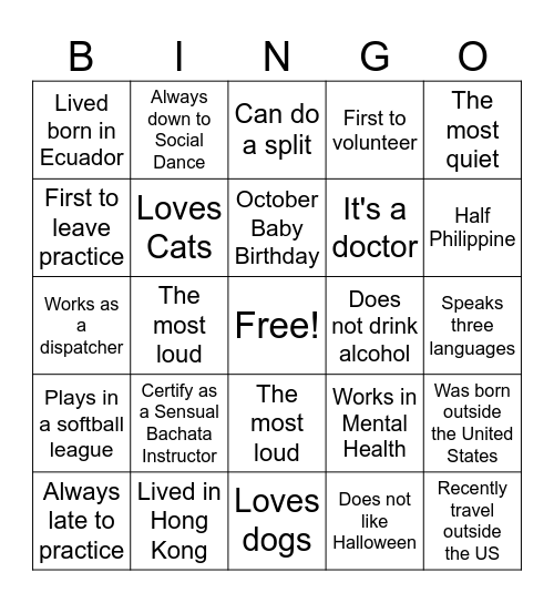 Bachata Sensual Bingo Card