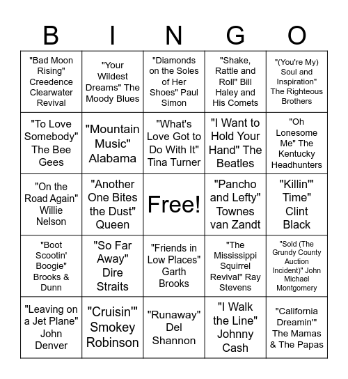 Songs MY Parents Picked Bingo Card