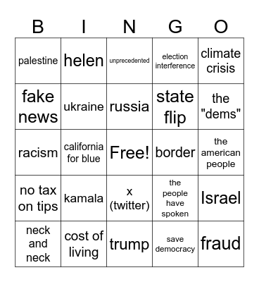Election night 2024 Bingo Card