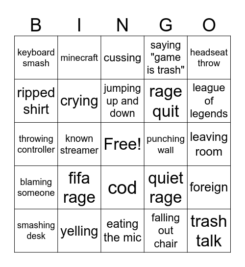 gamer rage Bingo Card