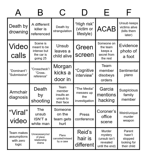 Criminal Minds Bingo Card