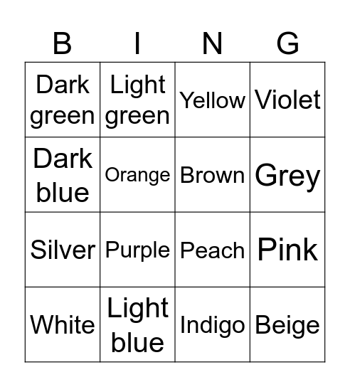 Colours! Bingo Card