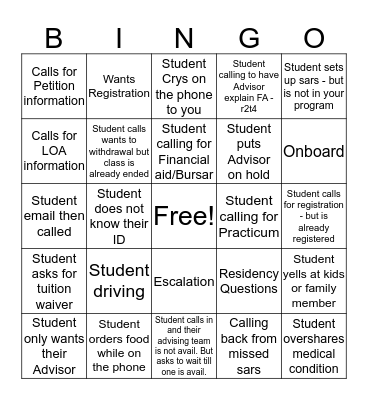 Fall Term Start  Bingo Card