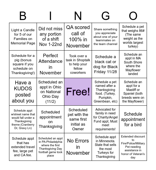 NOVEMBER-Team Cerberus Bingo Card