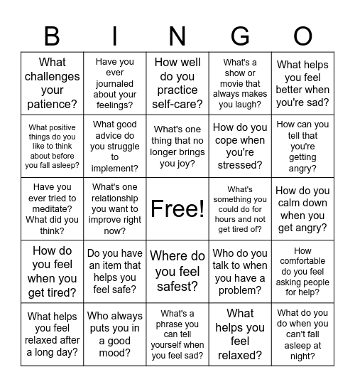 Coping Skills Bingo Card