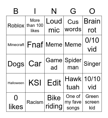 YouTube shorts Bingo Card