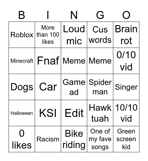 YouTube shorts Bingo Card