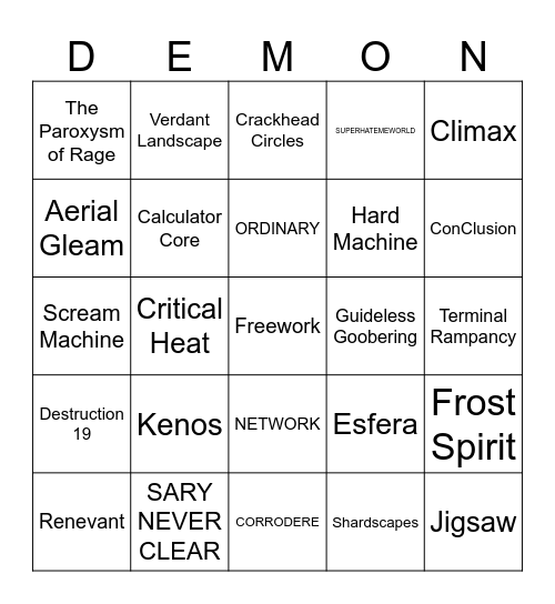 extreme demon bingo Card