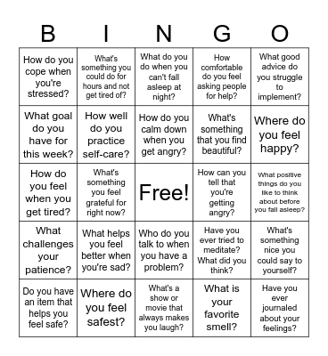 Coping Skills Bingo Card