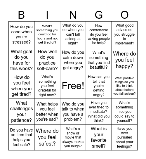 Coping Skills Bingo Card