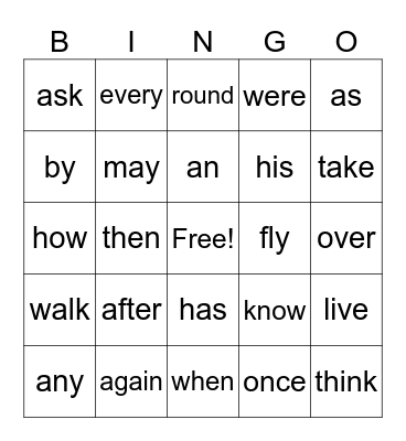 Sight Word Bingo Card