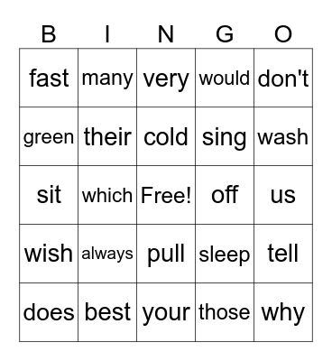 Sight Word Bingo Card
