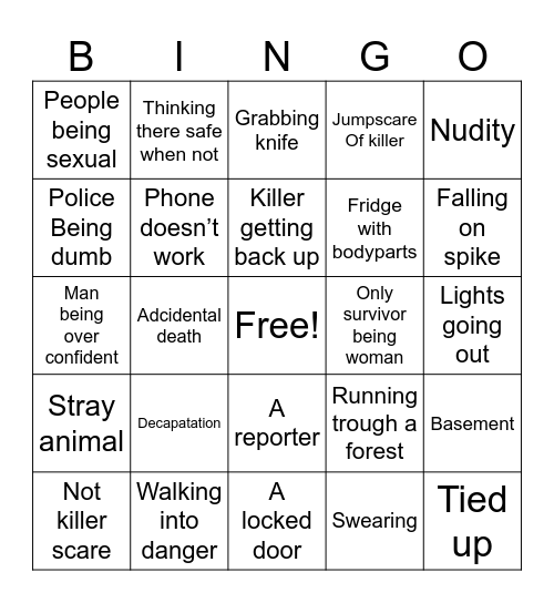 Horror movie Bingo Card