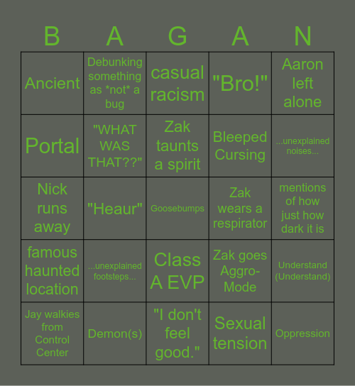 Ghost Adventures Bagan Bingo Card