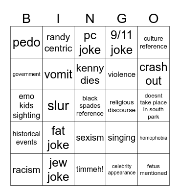 South Park Bingo Card