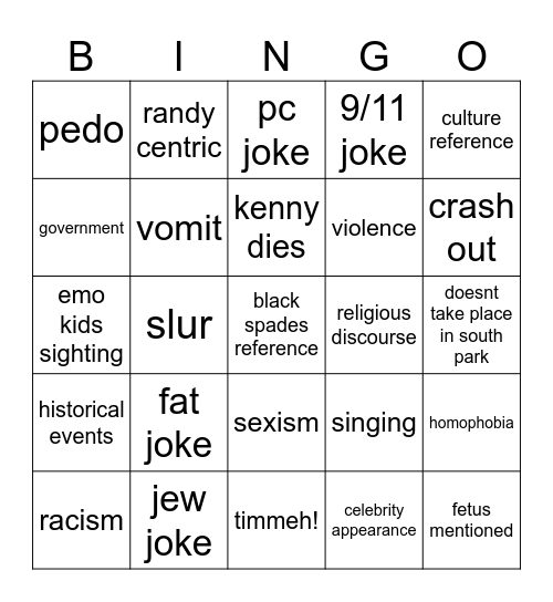 South Park Bingo Card