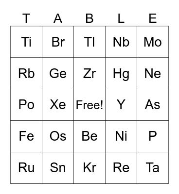 Periodic Table Bingo Card