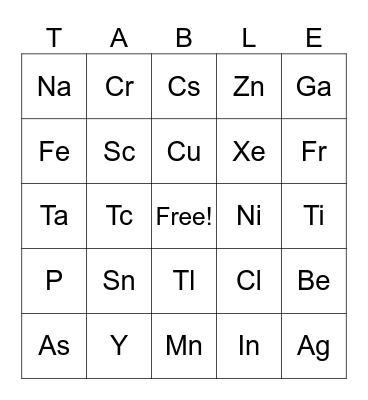 Periodic Table Bingo Card