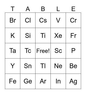 Periodic Table Bingo Card