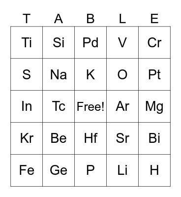 Periodic Table Bingo Card