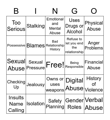 Warning Signs in a Relationship Bingo Card