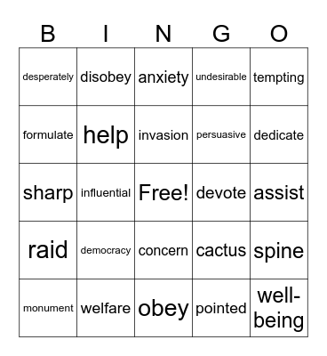 Week 12 vocabulary Bingo Card