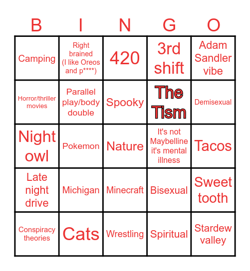 Nevaeh Bingo Card