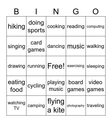 Hobbies Bingo Card