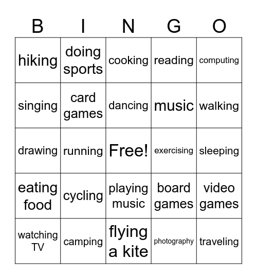 Hobbies Bingo Card