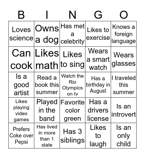 Human Scavenger Hunt Bingo Card